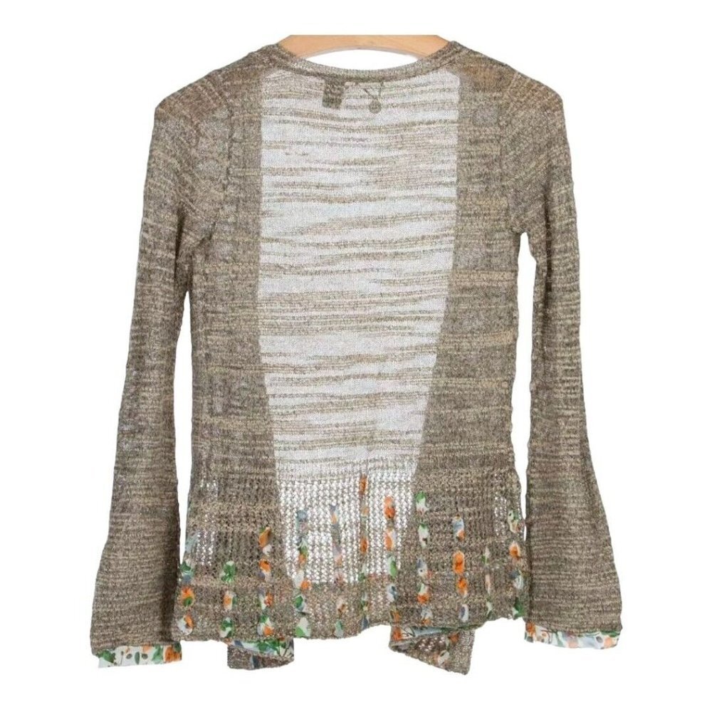 BKE Gimmicks Open Weave Women Tan Raw Edge Chiffon Trim Wool Cardigan Sz Small